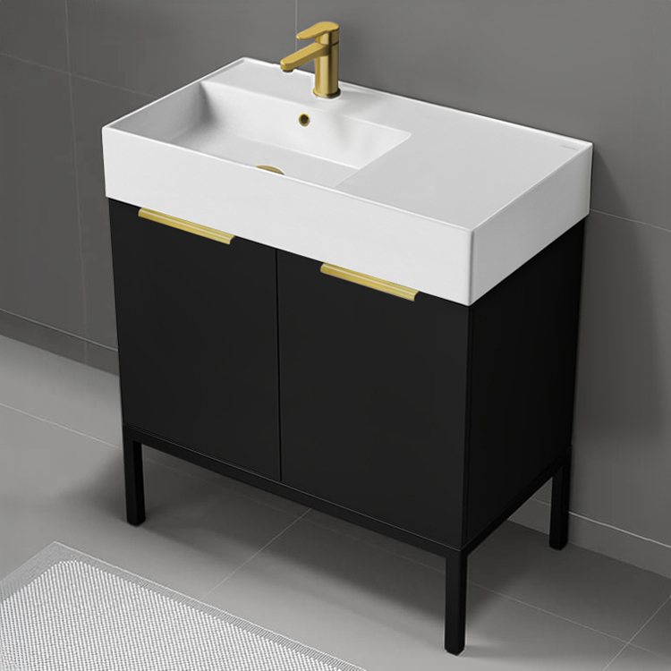 Bathroom Vanity Modern Black Bathroom Vanity, 32 Inch, Gold Handles, Free Standing Nameeks DERIN603